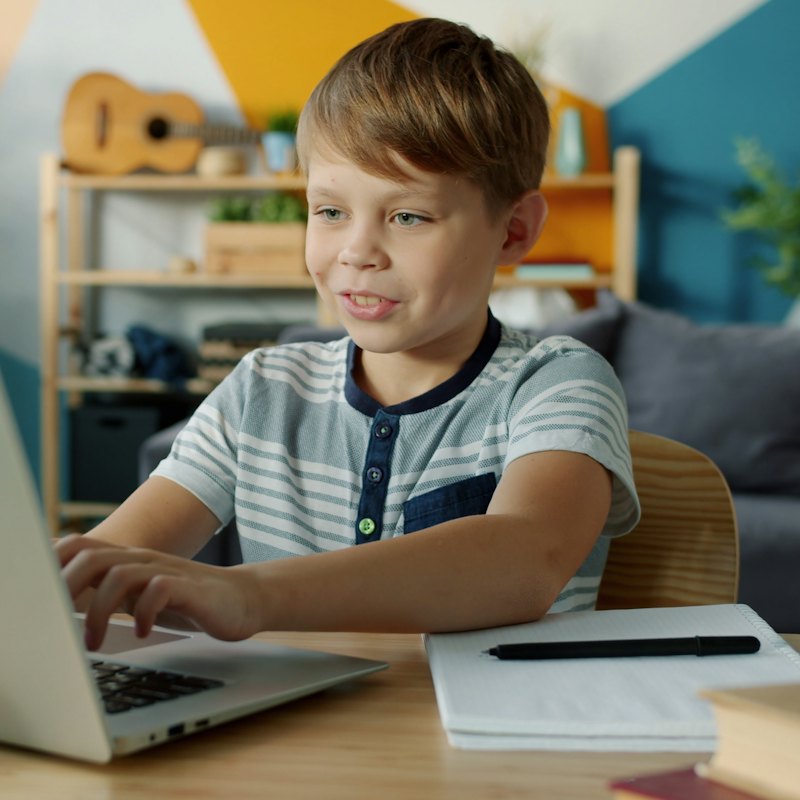 A smiling boy in a lesson on his laptop